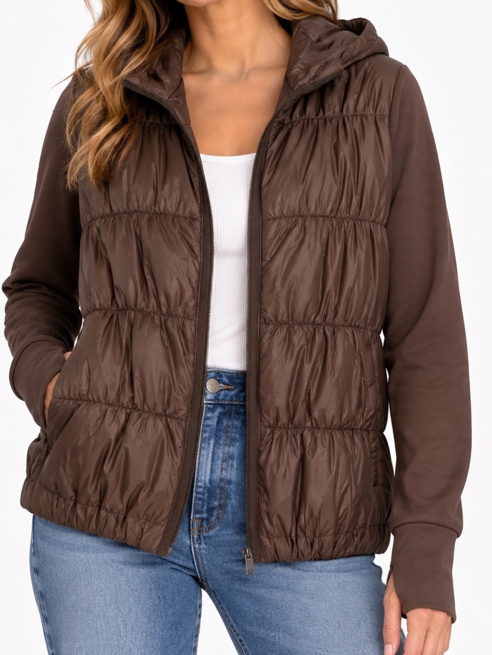 AVIA Brown Quilted Mixed-Material Hooded Puffer Jacket Medium